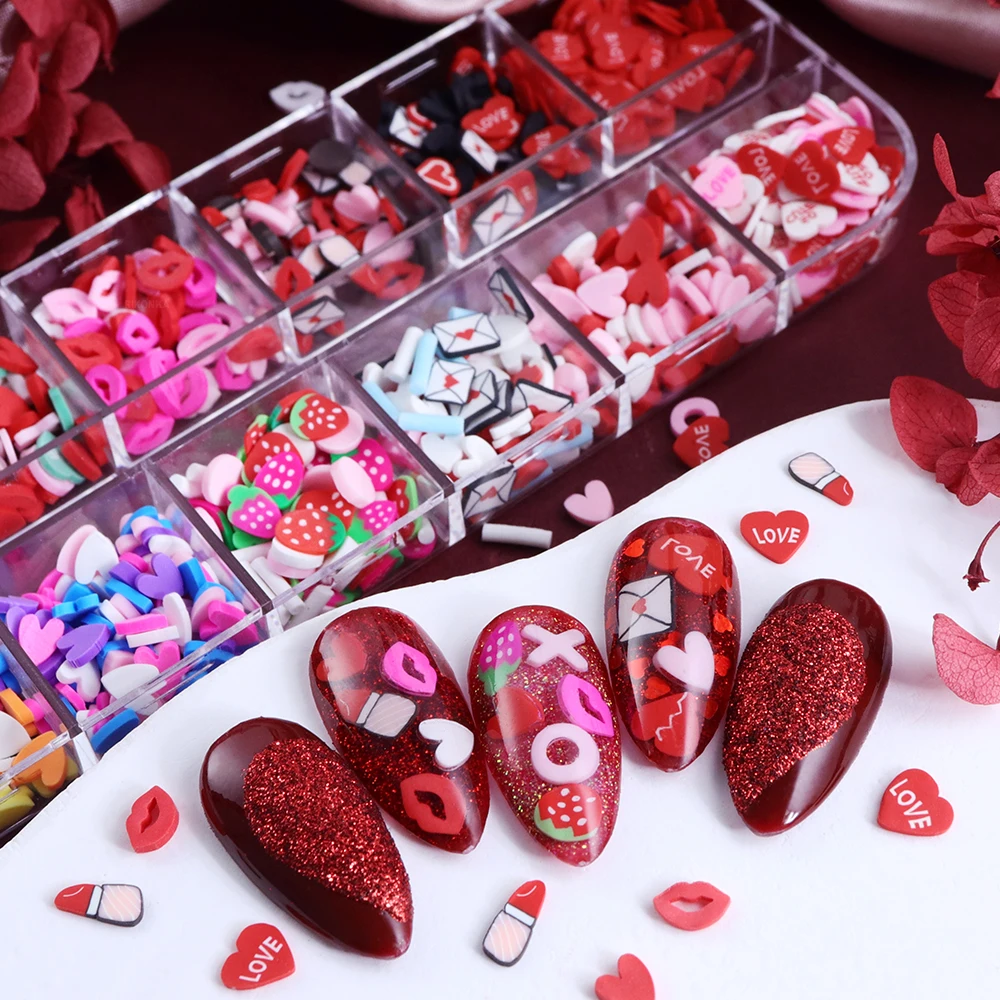 Valentines Day Nails Art Decoration Red Lips Love Hearts XOXO Soft Clay Slices LOVE Letter Hearts Manicure Accessories DIY Gifts