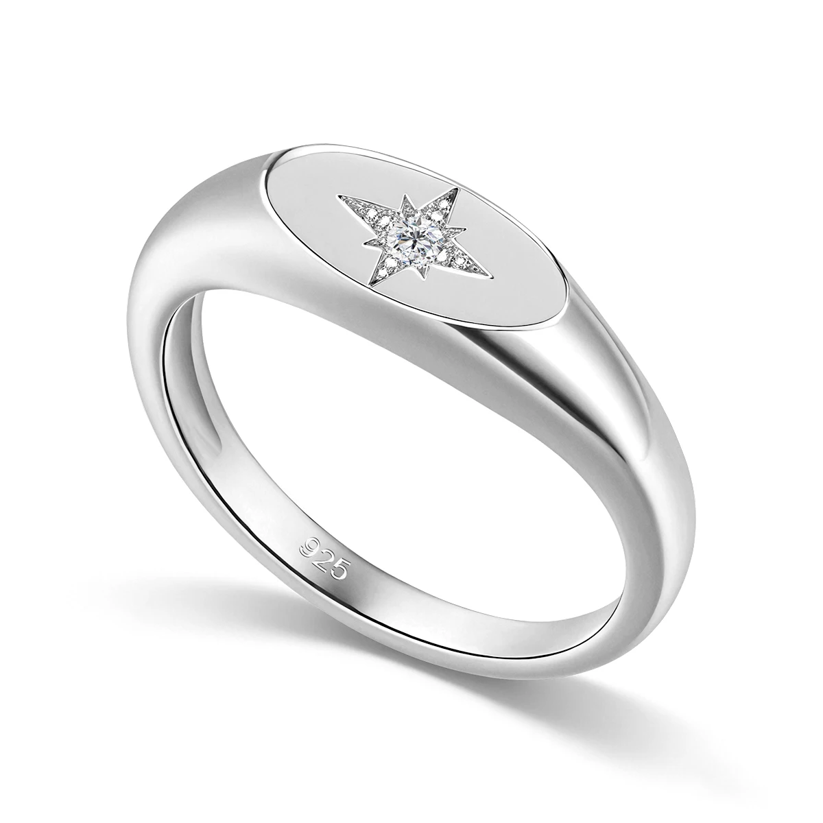 925 Sterling Silver Signet Ring Brilliant Moissanite Eight Pointed North Star Finger Ring Minimalist Promise Statement Jewelry