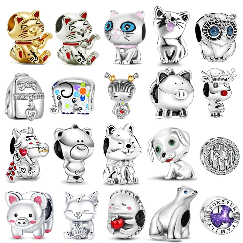 

925 Sterling Silver Chinese Lucky Cat Gift Charms Fit Original Pandora Bracelets Silver DIY Women Beads for Jewelry Making Gift