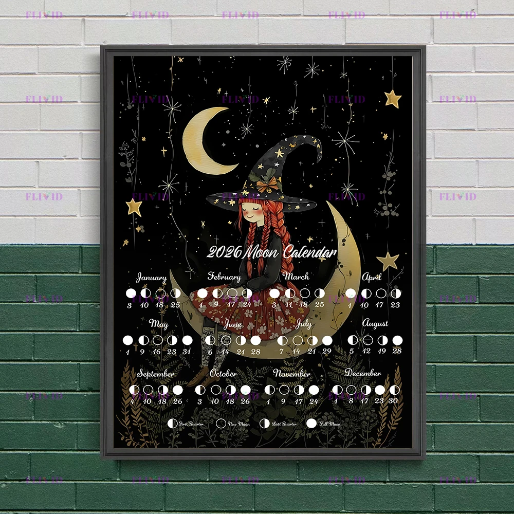 Whimsical Witch & 2026 Moon Phase Calendar Gothic Art Poster Print Forestcore Witchy Cottagecore Lunar Phase Tracker Wall Art