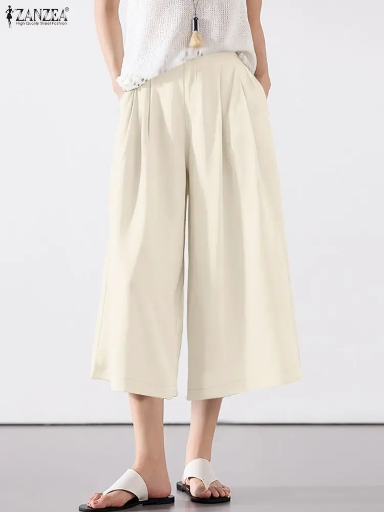 ZANZEA Women Casual Crinkled Texture Wide Leg Pants 2025 Autumn Elastic Waist Solid Color Mid-Calf Cropped Pant Everyday Wear