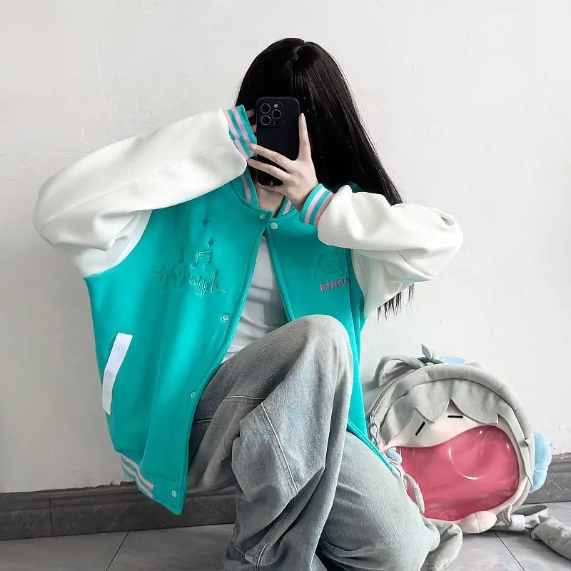 

New Anime Hatsune Miku Thicken Jacket Loose Oversize Clothes Unisex Baseball Uniform Street Coat Warm Fleece-lined Soft Jackets