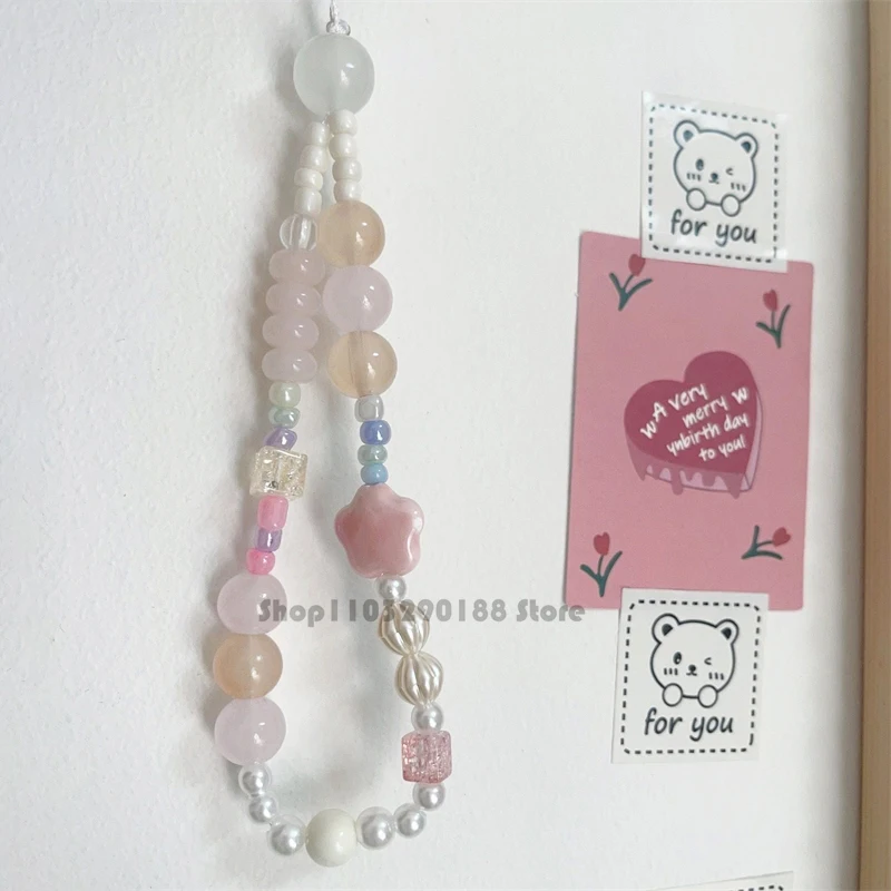 

Корейский Y2K милые розовые звезды с бисером, подвески для телефона, ремешок для телефона для iPhone, универсальные аксессуары, ювелирные изделия для девочек, шнур с защитой от потери