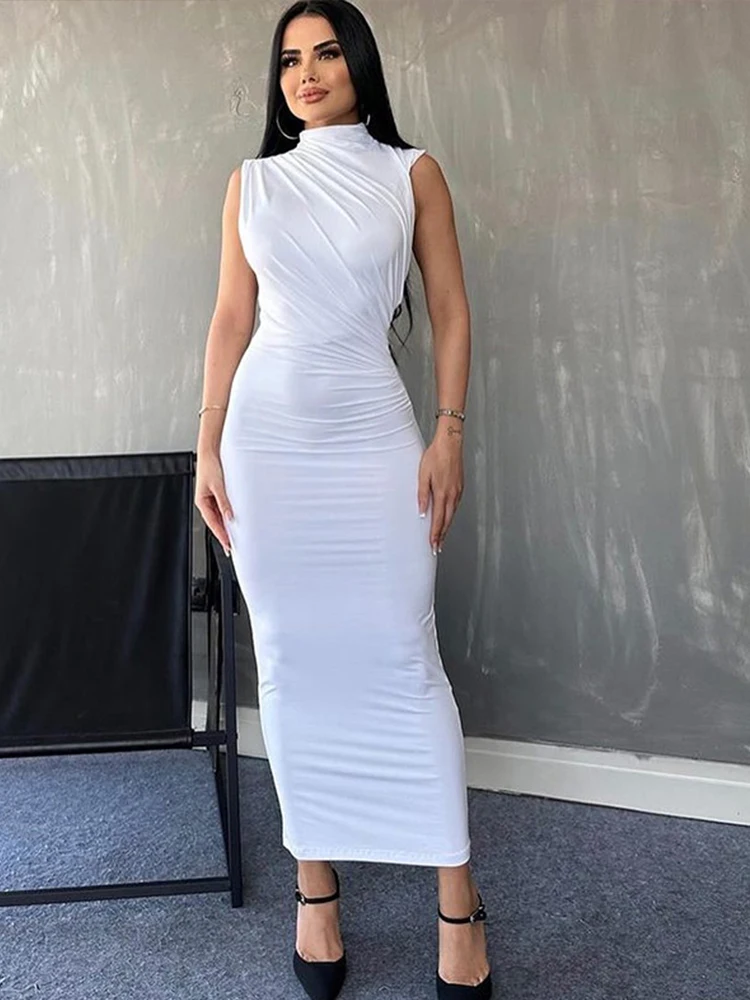 Elegant Pleated Sleeveless Long Dresses Women Solid Bodycon O-neck Hip Package Female Dress 2024 Summer Chic Evening Party Robe