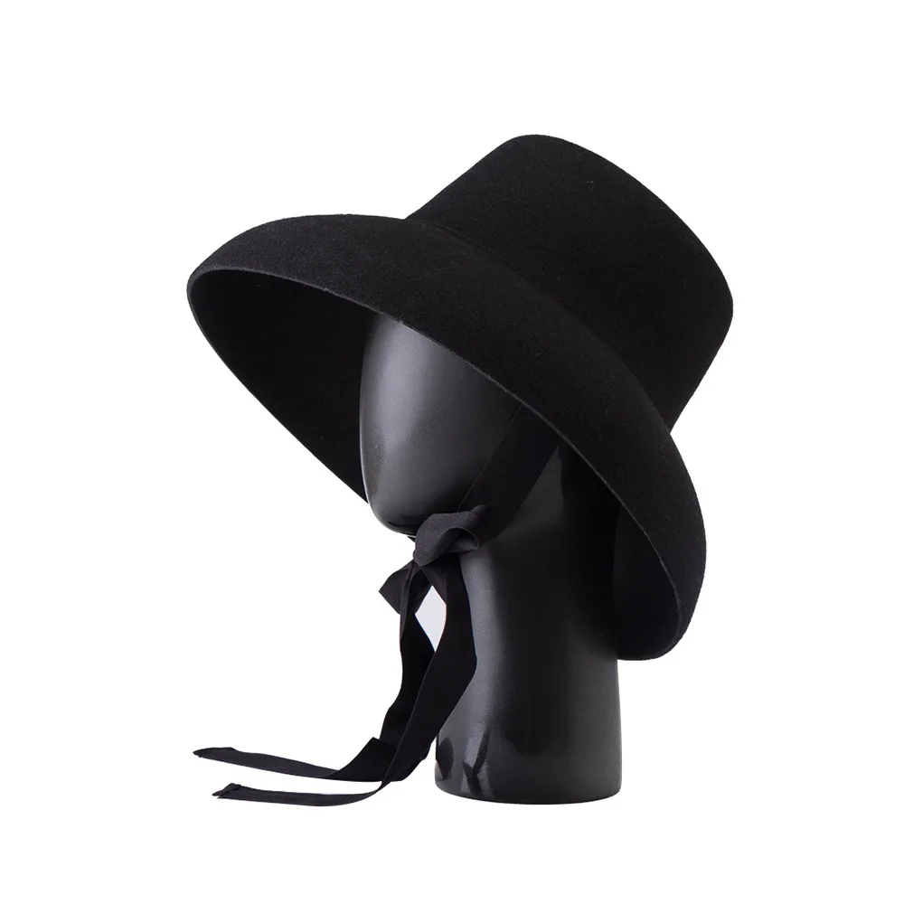 

USPOP Vintage Elegant Autumn Winter Wool Felt Fedora Hat for Women Flat Top Wide Downturned Brim Hat with Tie Band