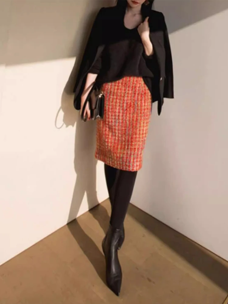 Women’s High Waisted Tweed Pencil Skirt Wool Blended Classic Vintage Midi Skirt for Work, Office Elegant Daily Wear