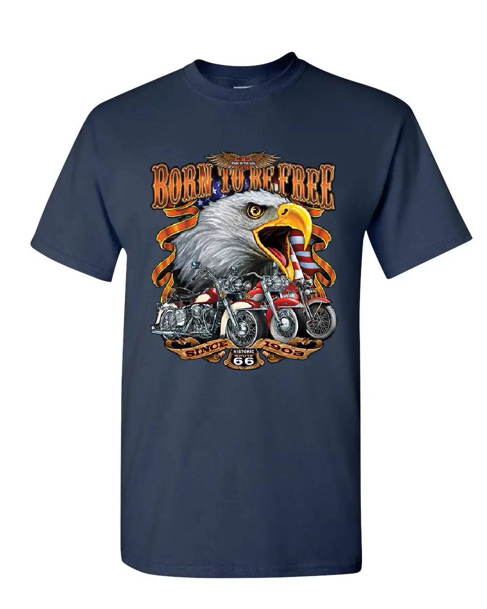 Born To Be Free Historic Route 66 Bald Eagle Motorcycle T-Shirt 100% Cotton O-Neck Short Sleeve Summer Casual Mens T-shirt - Image 5