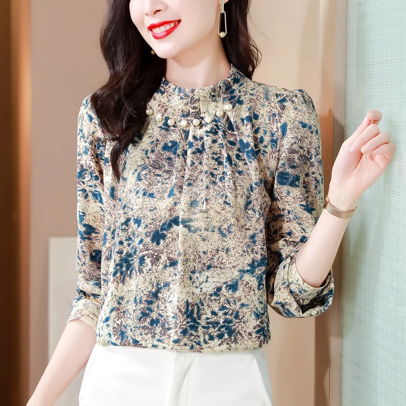 Fashion Printed Woman Blouse 2024 Chic Beaded Silk Satin Shirts Elegant Long Sleeve Office Ladies Tops Spring Autumn Clothing