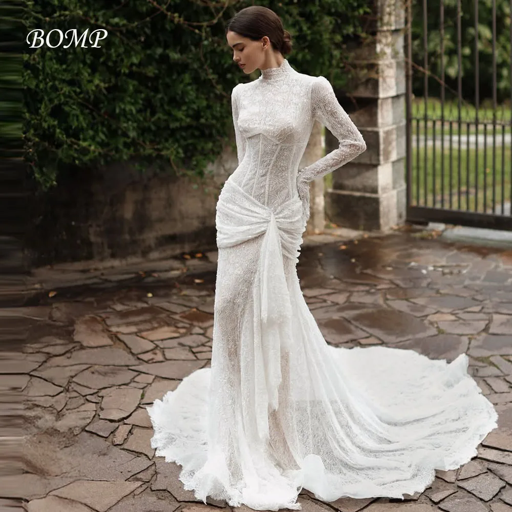 BOMP فساتين زفاف عتيقة من الدانتيل على شكل حرف a رقبة دائرية وأكمام طويلة من الدانتيل سويب تراين فساتين العروس رشيقة Mariage مخصصة 2026 #1