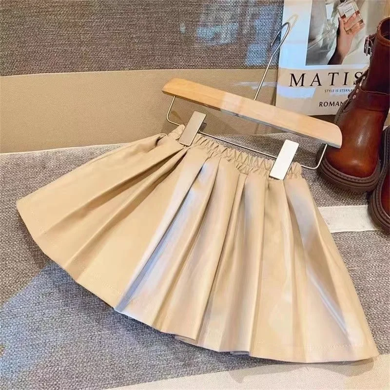 New Children\'s Clothing Autumn Winter New Children PU Leather Skirt Solid Color Pleated Skirt Matching Children Korean Version