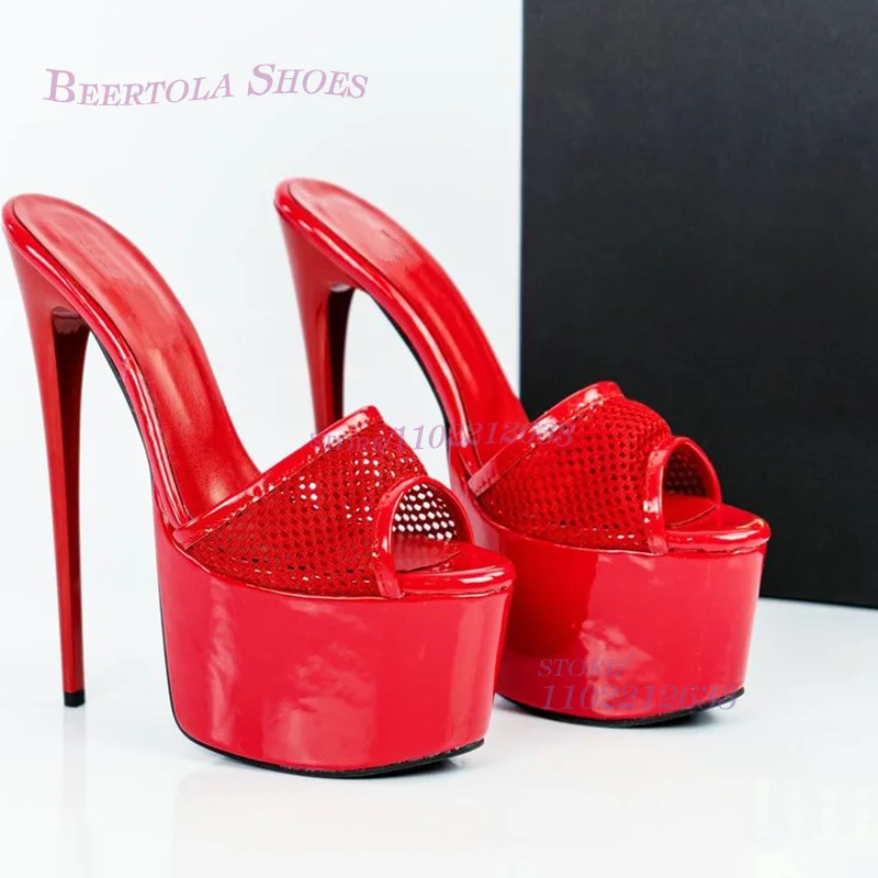 Mesh Peep Toe Open Platform Slippers Women Purple Pink Bright Color Slingback Sandal Stiletto Red Heels Bling Hollow Casual Shoe