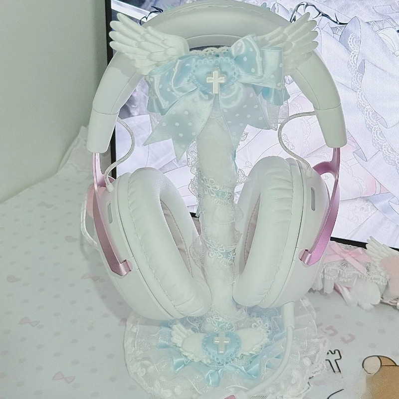 

New Pink Angel Wings Earphone Stand Handmade Cute Bow Headphone Holder Customized Desktop Ornament Game Headset Bracket Gift