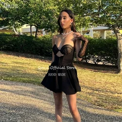 Qanz Sexy Mini Prom Dresses Black Satin Strapless Robes De soirée Lace Up Back Dresses for Women 2024 Elegant Party Customized