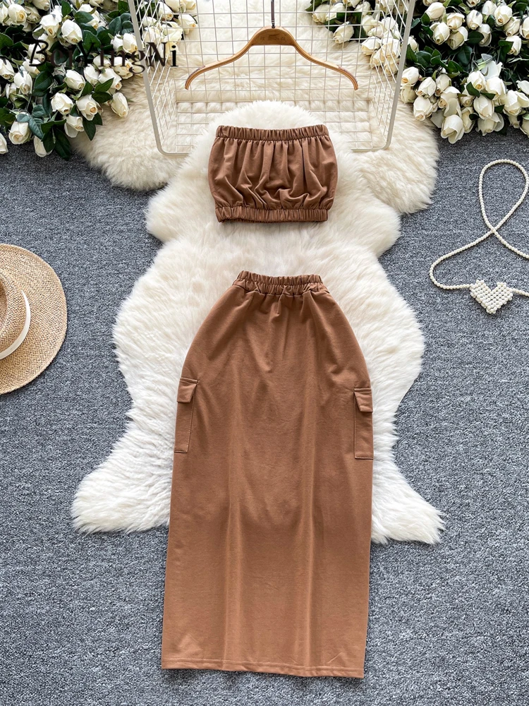 

Beiyingni, летние повседневные женские комплекты из 2 предметов, сексуальные уличные топы на бретелях, одинаковые комплекты, женские однотонные корейские юбки-миди, спортивные костюмы