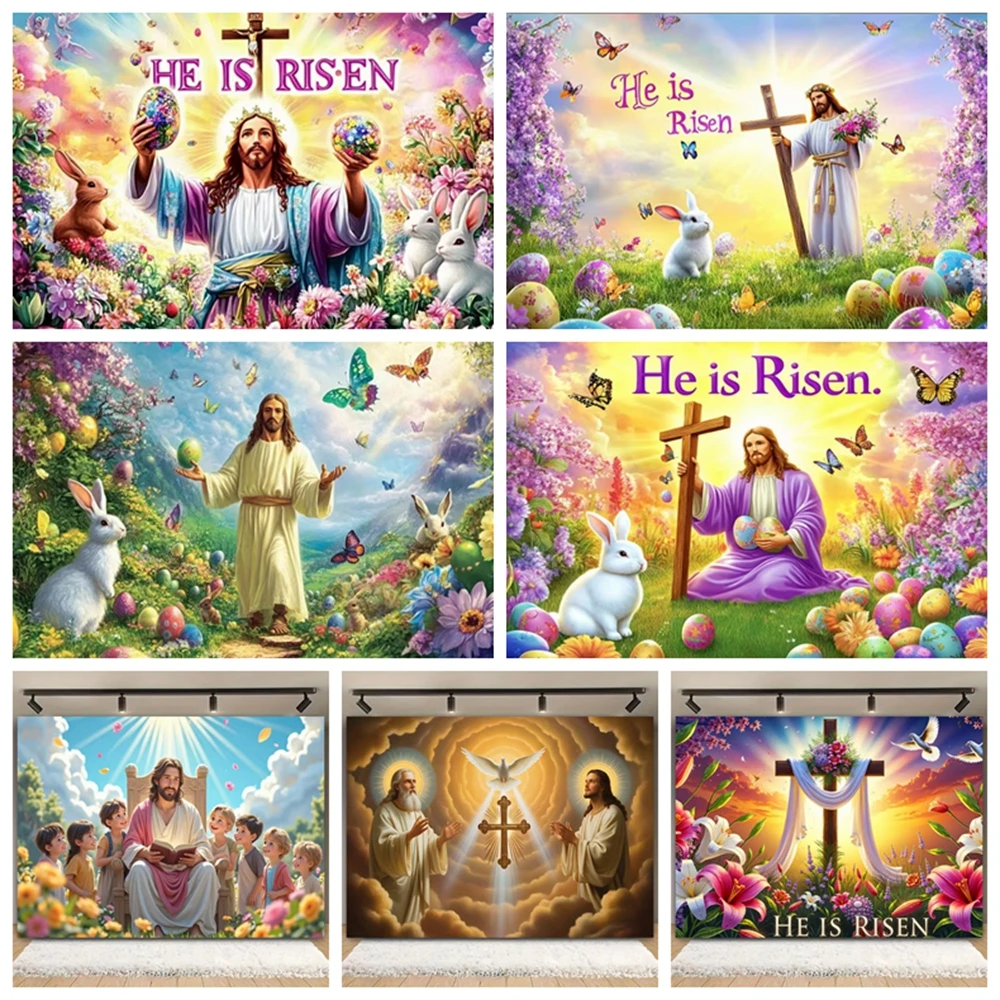 

Easter Religion Jesus Theme Party Decoration Colorful Eggs Rabbit Backdrop He Is Risen Cross Scene Background Photography Props
