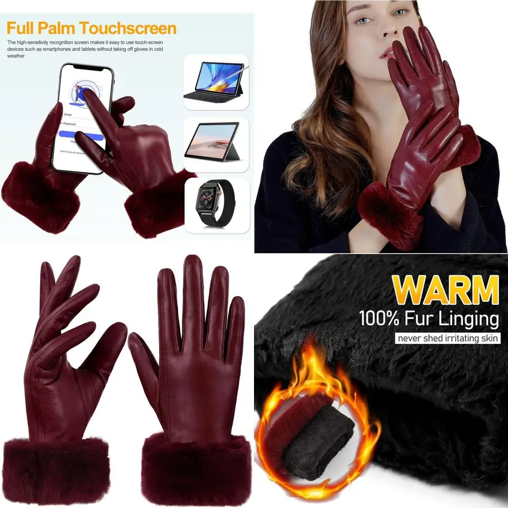 

Women's Rabbit Fur Cuff Leather Gloves with Touchscreen for Multicolor Winter Driving