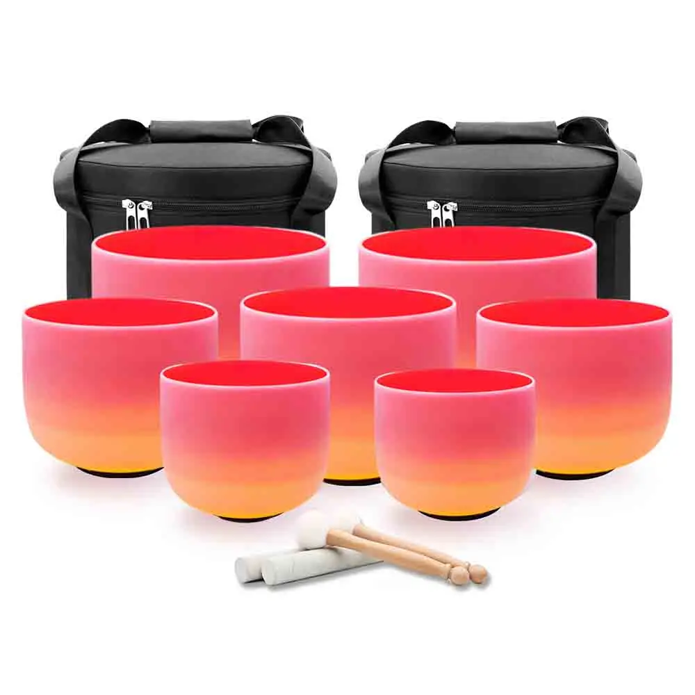 

Hye-eun 7pcs Sun color Rainbow Quartz Crystal Singing Bowl Chakra Set CDEFGAB Note Yoga Energy Bowls with Bag for Sound Healing