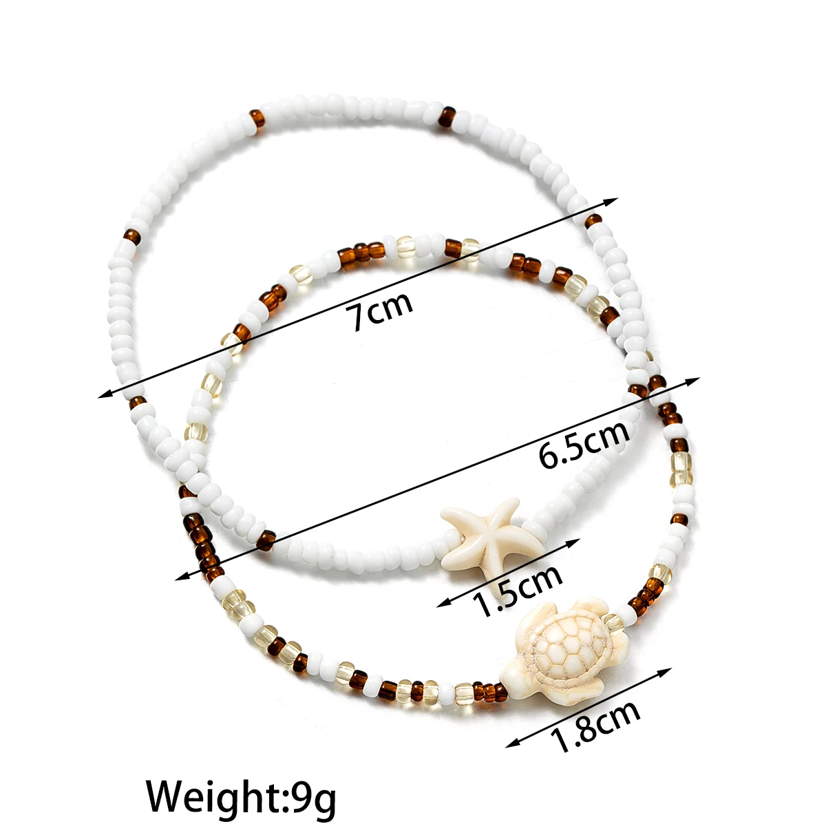 2 Bohemian style turquoise starfish turtle ankle chains, double-layer layered mixed color rice bead beach ankle chains