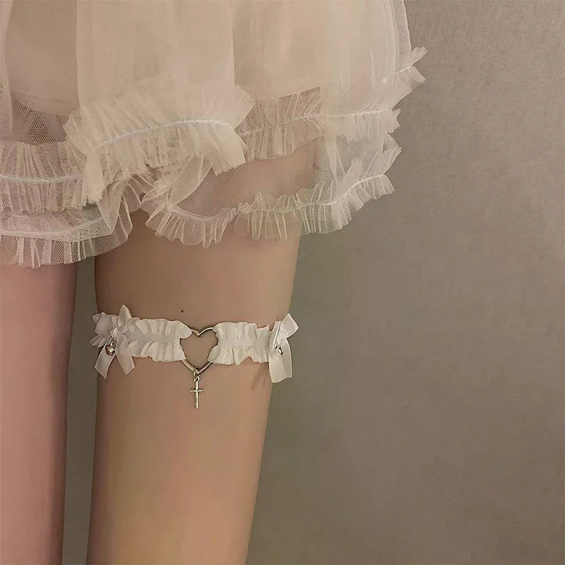 Gothic Lace Garter Belt Heart Bowknot Cross Lolita Leg Garters Black White Elastic Choker Women Leg Ring Strap Cosplay Tools