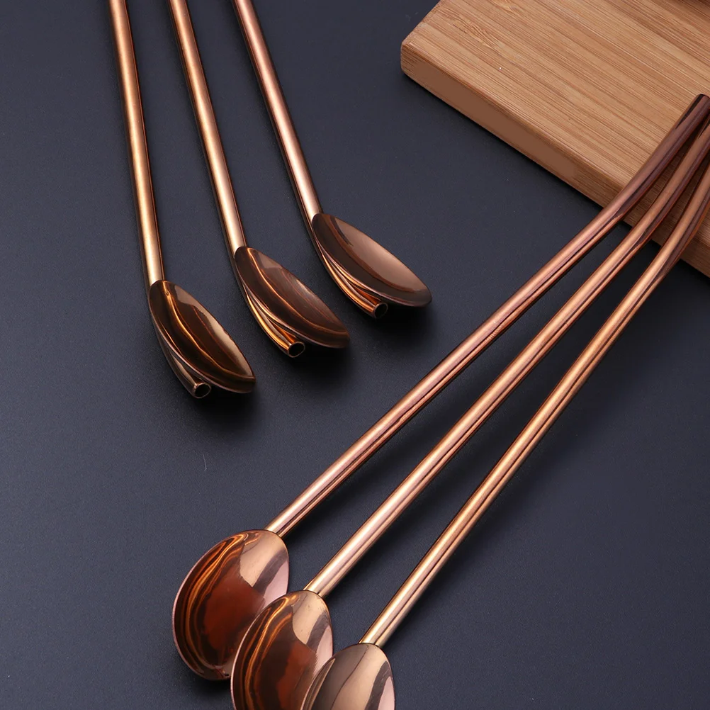 

6 Pcs/Pack Stainless Steel Oval Shape Metal Drinking Spoon Straw Reusable Straws Cocktail Spoons Set(Rose Gold)