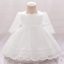 Fluffy White Baptism Baby Girl Party Dress Half Sleeve Tulle Flower 1st Birthday Wedding Princess Dress Bow Embroidery Prom Gown