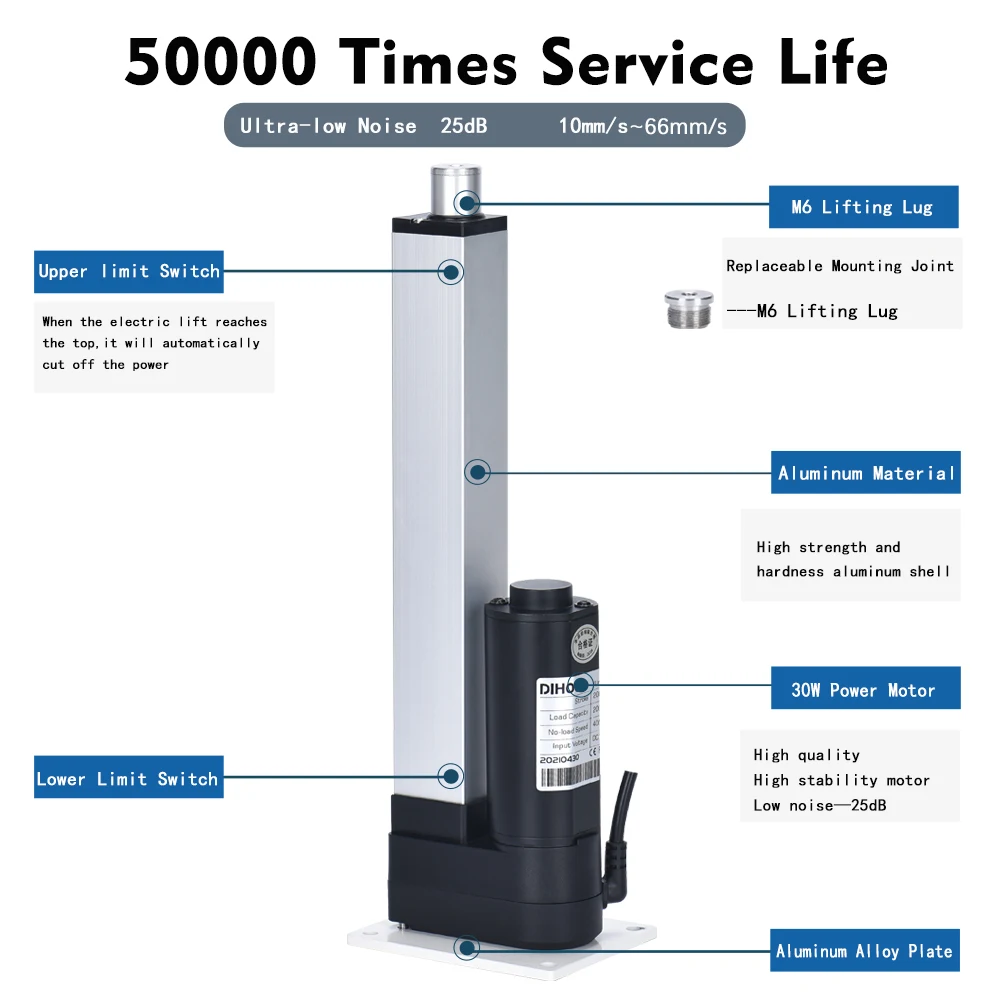 DHLA1300-A2 DC12V linear actuator 100MM~1000MM stroke 15kg/30kg/40kg/80kg load 10mm/s~66mm/s 30W electric lifting motor