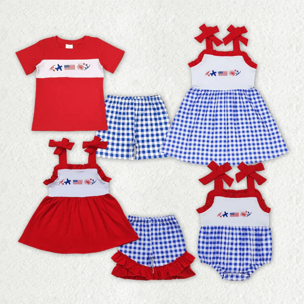 

BSSO0584 Wholesale Summer Match kids clothes boy 4th of July embroidery short sleeve shorts sets Boutique baby girl clothes