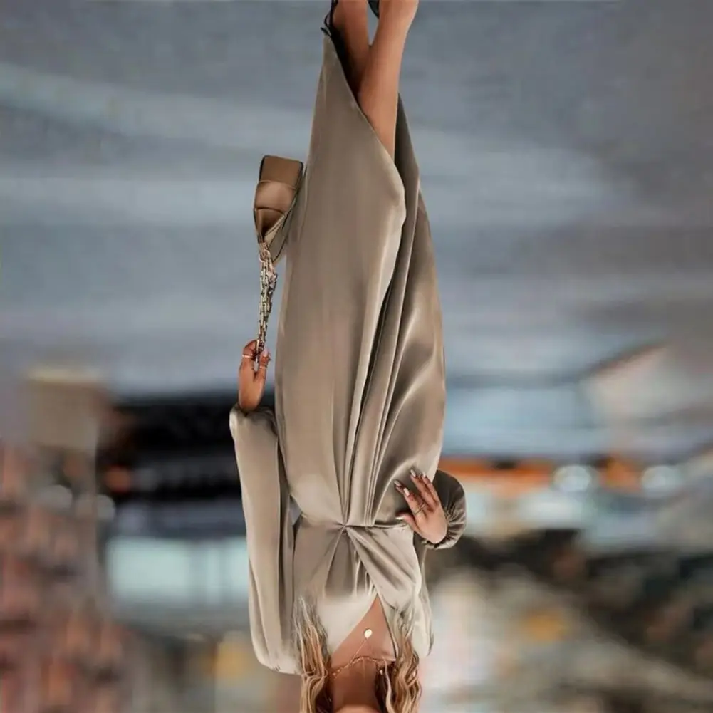 

2026 Women Dress Irregular Slit Hem High Waist Pleated Long Puff Sleeves Solid Color V Neck Formal Party Banquet Maxi Dress