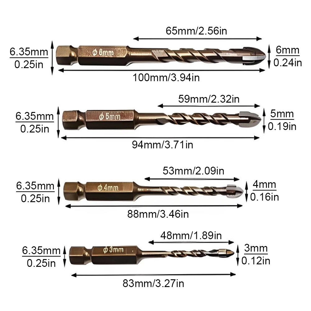 4pcs 3-6mm Cross Hex Tile Drill Bits Set for Glass Ceramic Concrete Hole Opener Brick Hard Alloy Triangle Bit Tool Kit