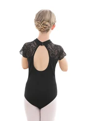 Girls Dance Leotard Lace Neck Dancewear Top Back Bow Water Drop-Shaped Toddler Gymnastic Short Sleeve Ballerina Bodysuit Outfit