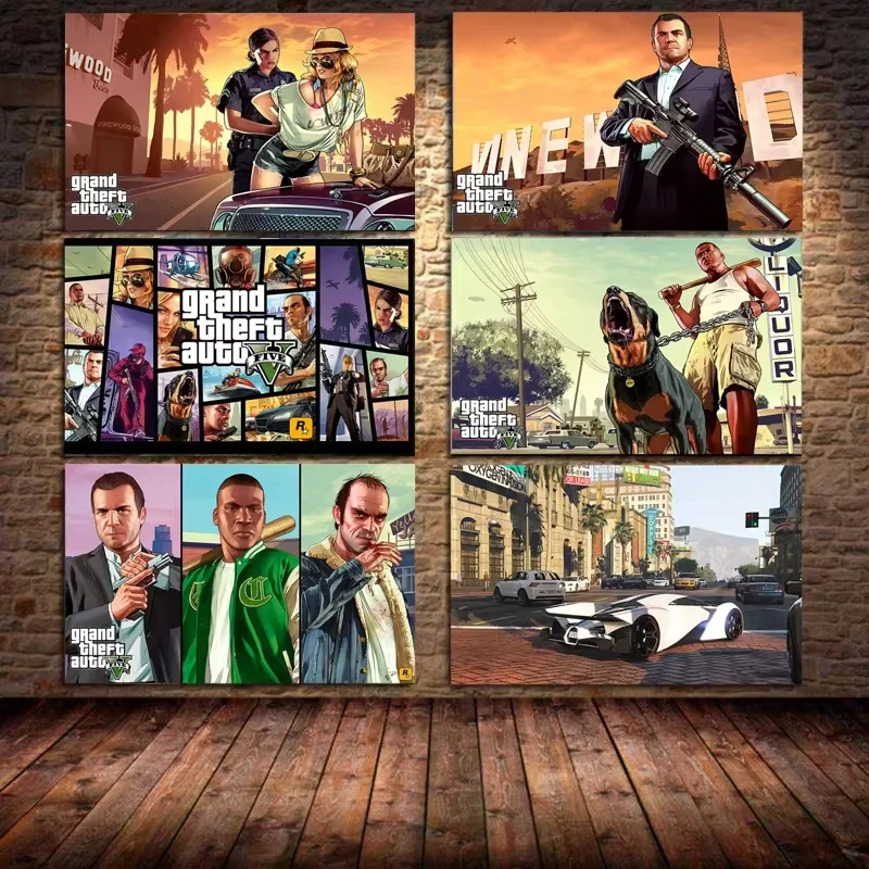 Video Game GTA 5 Grand Auto Poster Canvas PaintingWall Art Picture Quality Home Decor for Living Room Bedroom Game Room Gift