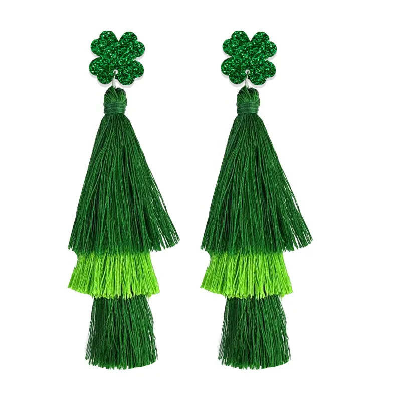 2025 St Patricks Day Handmade Shamrock Clover Tassel Earrings 3-Tiered Green Tassel Earrings for St. Patrick's Day Party Favor