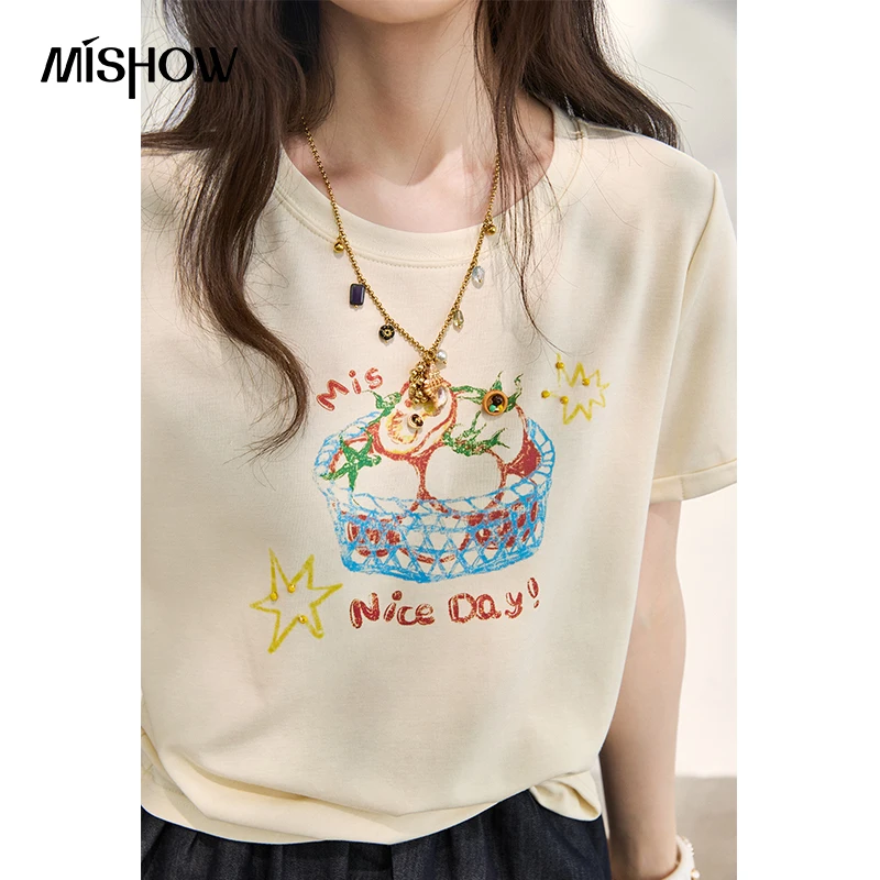 MISHOW Fruit Hand-Drawn Printed Bead Embroidered T-Shirt For Women 2026 New Summer Rivet Fashion Casual Tee Top MXF26T1643