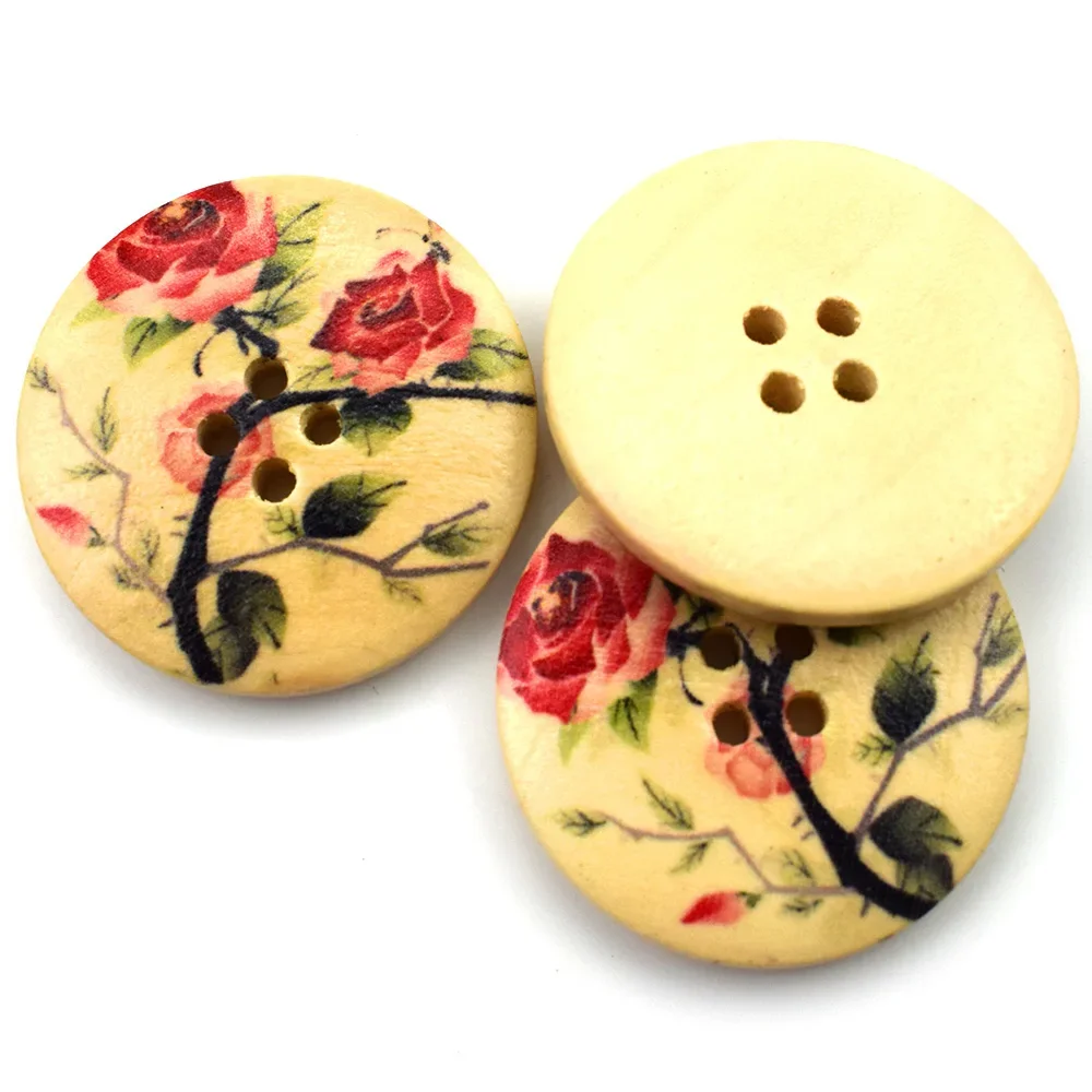 Mix Wood Flower Buttons for Clothing Sewing, 10Pcs, 30mm, 4 Holes, Decorative Crafts, Home Decor