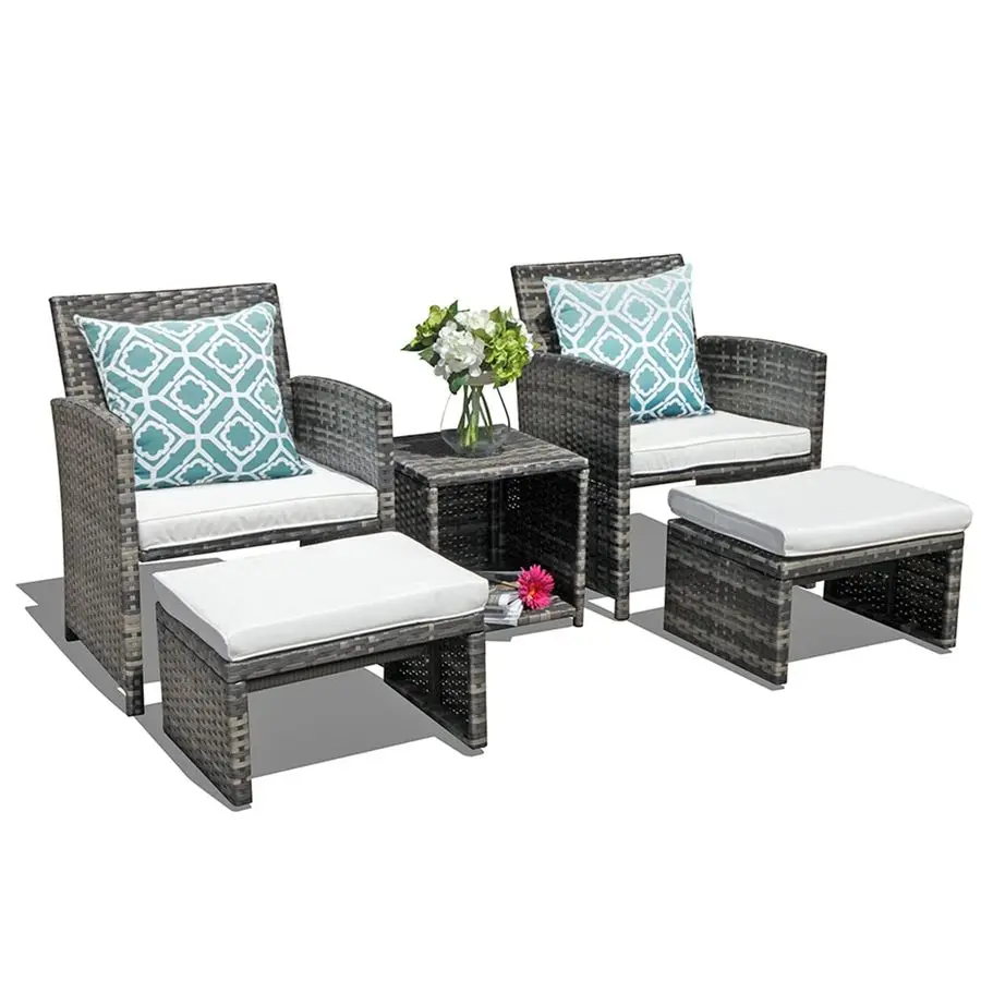 5 Piece Patio Furniture Set, Wicker Outdoor Conversation Chair and Ottoman Set with Coffee Table, Pillows Included, for Balcony,