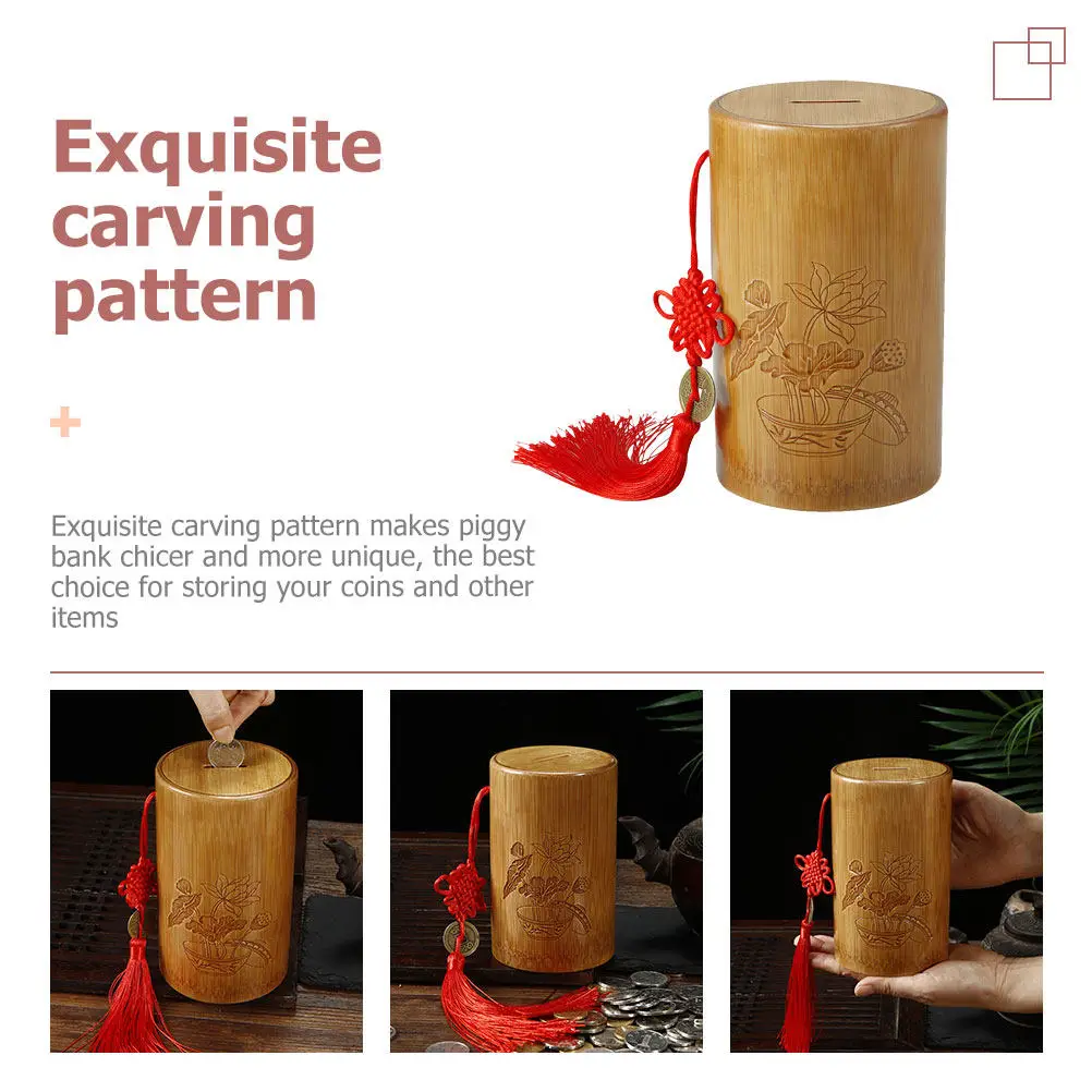 Bamboo Piggy Bank Metal Rope Coin Holder Decorative Chinese Style Saving Pot Money Jar Desktop Ornament