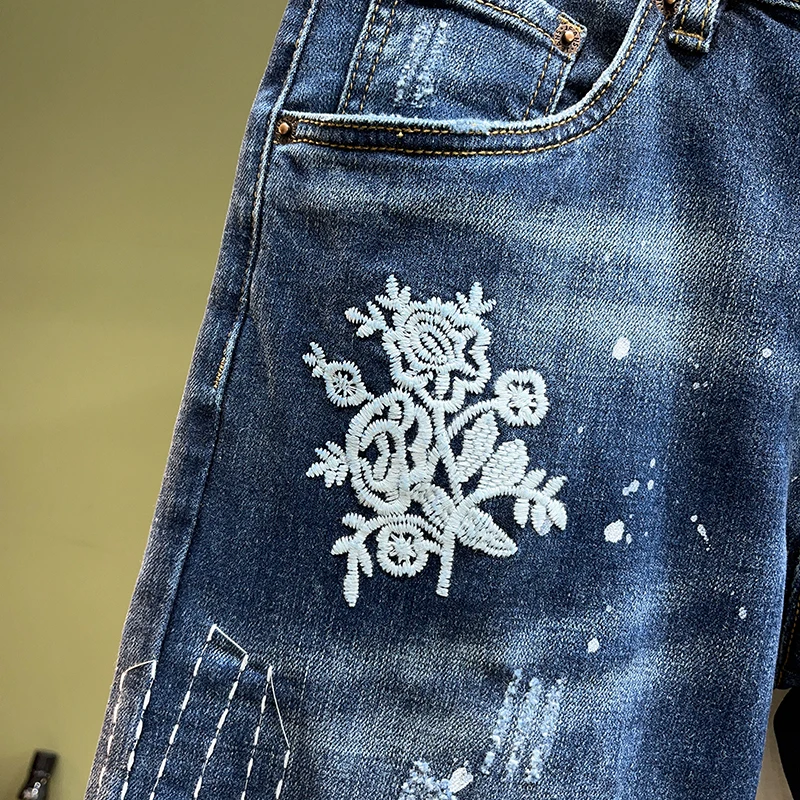 Street Fashion Men Jeans Retro Blue Painted Stretch Slim Ripped Jeans Men Patched Designer Hip Hop Vintage Denim Pants Hombre