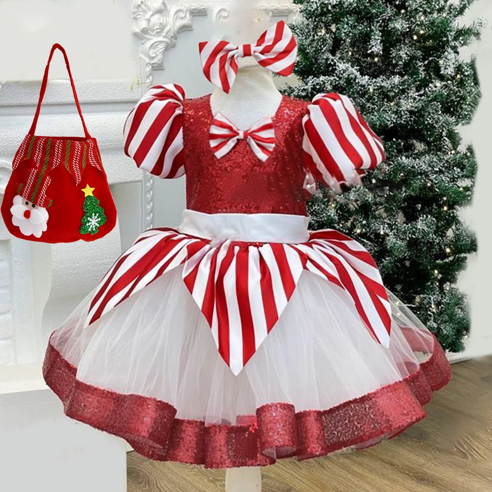 Red Striped Christmas Costume for Girls Carnival Sequin Big Bow Birthday Wedding Princess Party Girl Dress Tulle Bridesmaid Gown