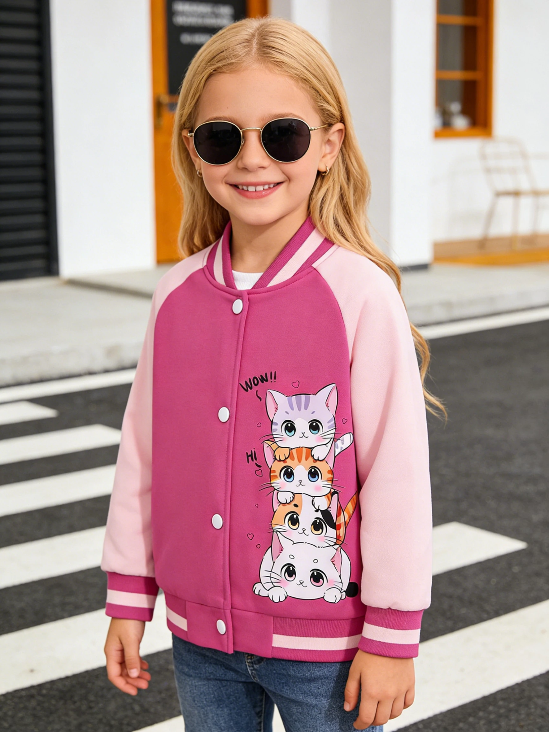 Little girl's cartoon baseball jacket with heart-shaped cat pattern, suitable for children's casual outdoor daily activities view 2