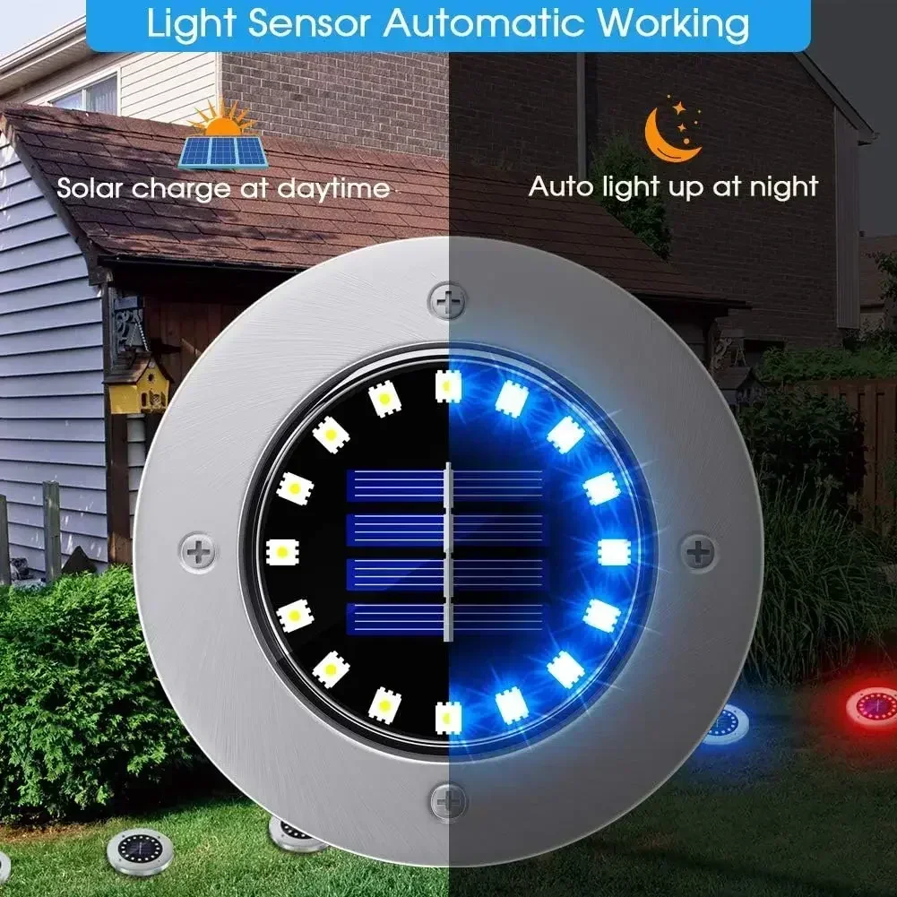 Solar Power Disk Light Outdoor 16LED Bright Multi-Color Solar Lamps Garden Underground Light Deck Light Buried Spotlight Decor
