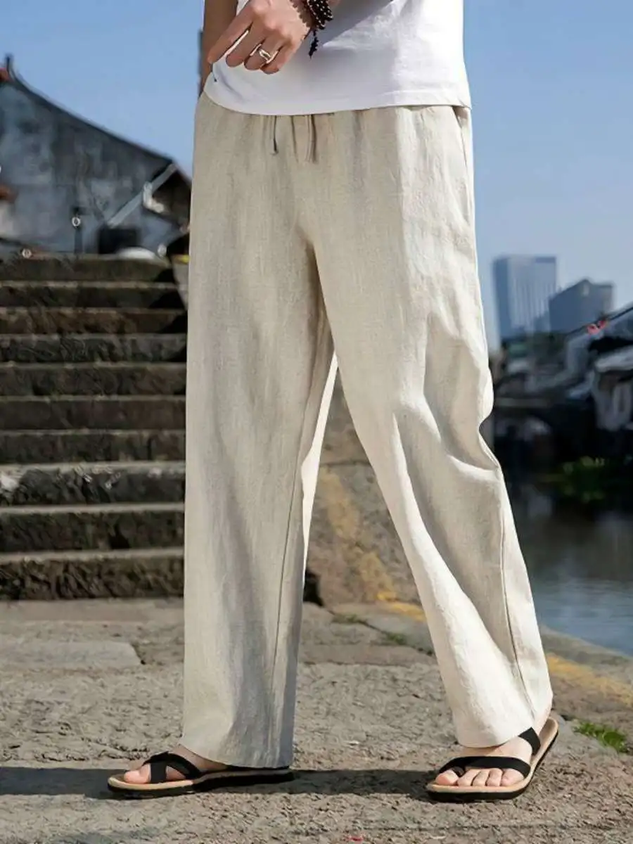 

Spring Summer Men's Loose Cotton Linen Straight Leg Casual Pants Mid-aged And ly Traditional Tang Costume Long Trousers