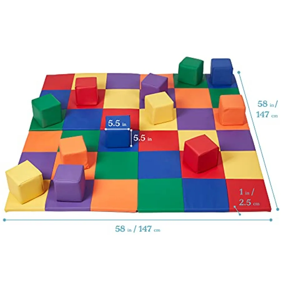 SoftZone Patchwork Toddler Activity Mat and 12 Stacking Block Set, Colorful Baby Crawling and Tummy Time Foam Pad and Building