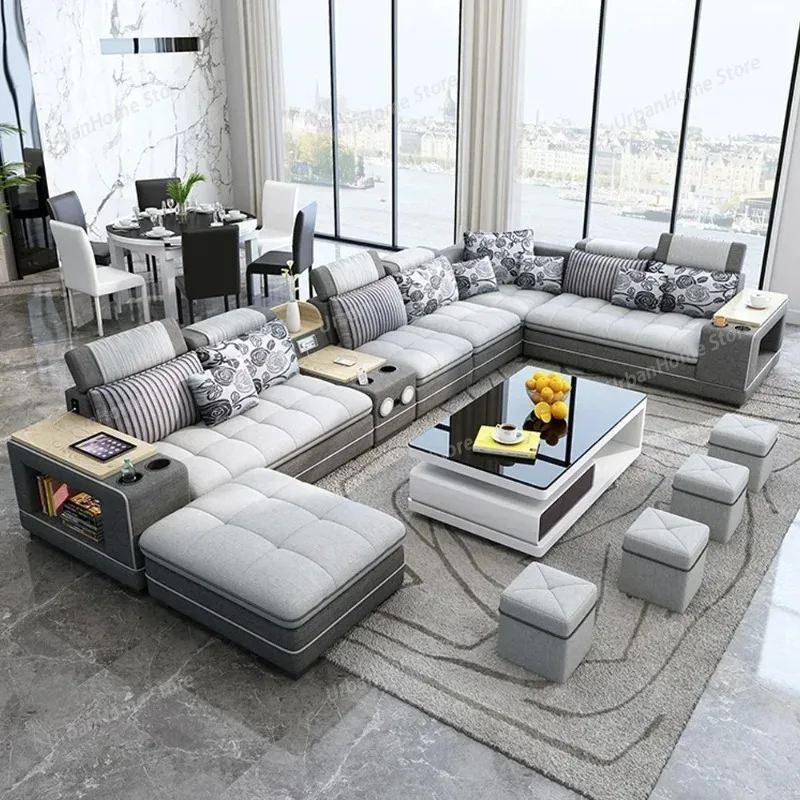 Modern Fabric Sofa Set with Bluetooth Speaker Sound System - Living Room Sofas Big U Shape Corner Cloth Couch with Stools