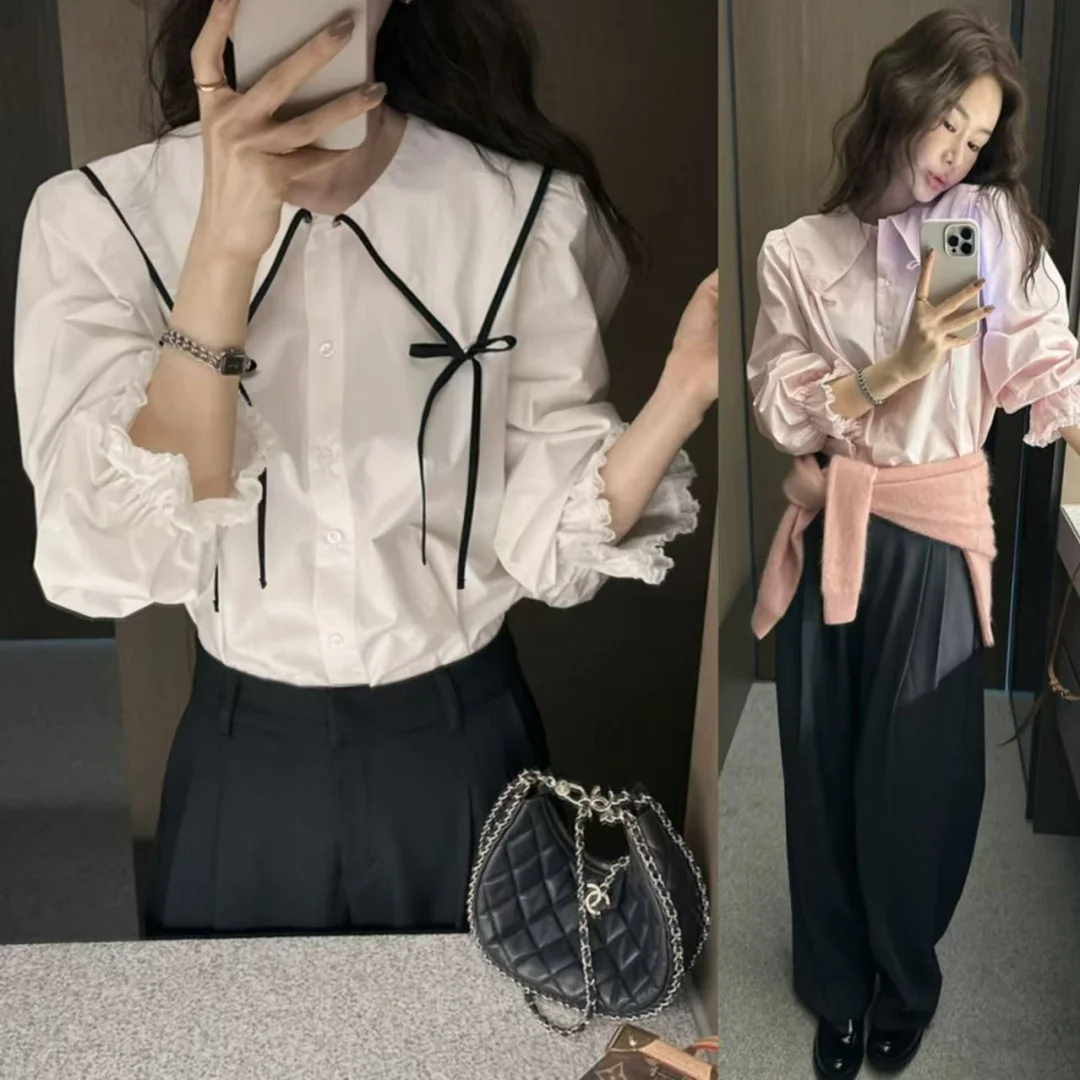 

Весенняя новинка Partsu irt с большим воротником и узлом, кружевная све, свободная посадка, длинный све, чистый цвет для женщин