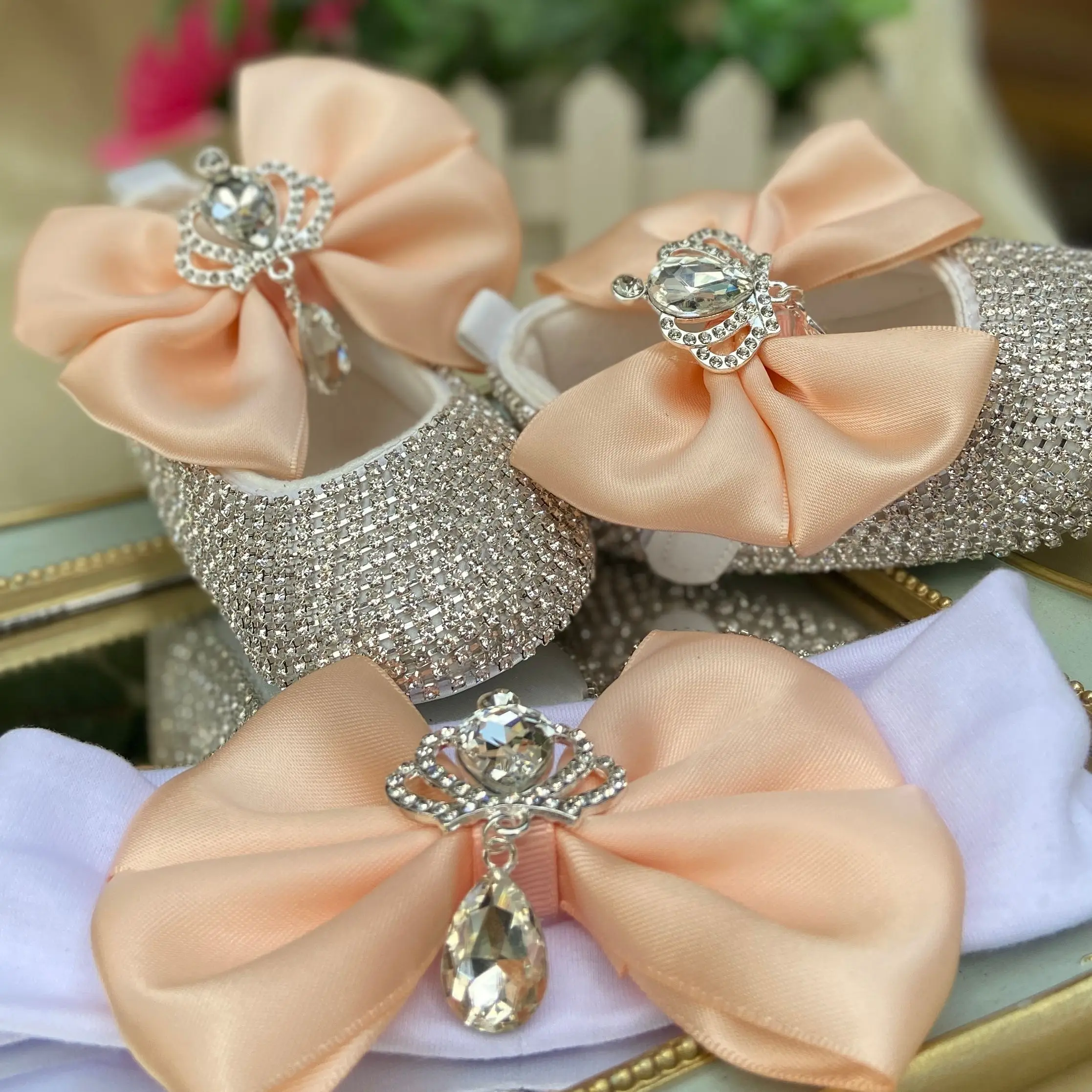 

6. Dollbling Delicate Apricot Butterfly Baby Shoes Headband Set Luxury Diamond Fluff Outfit Red Bottom Little Girl Baptism Shoes