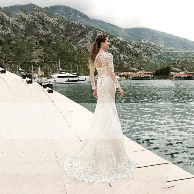 Vestidos de novia sexis con corte de sirena 2025, escote en forma de corazón, manga larga, tren desmontable, 2 en 1, cinturón de encaje, Vestidos de boda personalizados