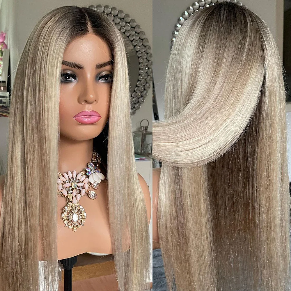 Peluca de encaje frontal de 26'' rubia cremosa ombré, resistente al calor, de fibra sintética, con balayage y raíces ceniza, larga y lisa, fácil de usar.