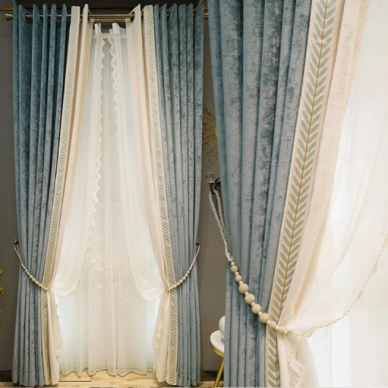 New Light Blue Beige Chenille Thickened Splicing Curtains for Living Room Bedroom Jacquard Window Screen Customization