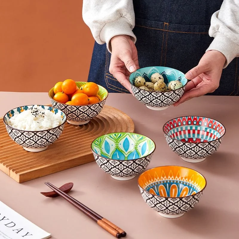 6pcs/set Bohemian Ceramic Rice Bowl, Hand Painted Pattern Porcelain, Soup Bowl, Microwave Bowl, Dinner Bowls,Kitchen Tableware