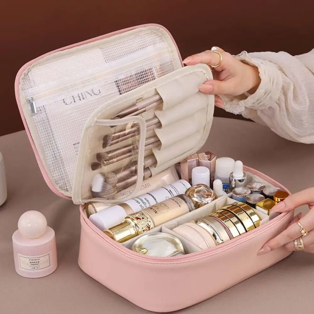 

Ins Square PU Leather Cosmetic Bag Zipper Waterproof Makeup Pouch Bag Detachable Handbag Travel Wash Bag Travel